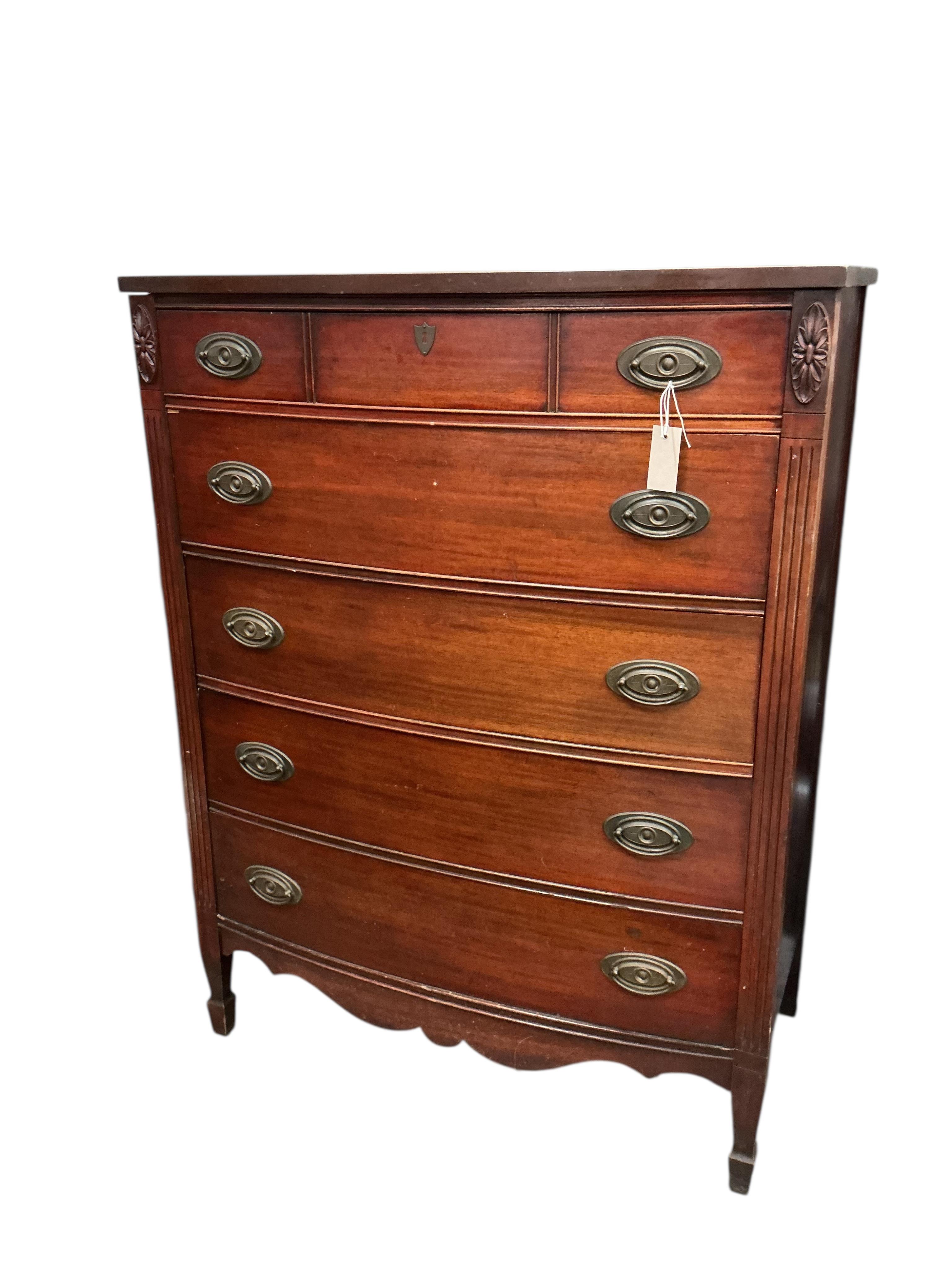 Two reproduction mahogany Dixie mahogany bowfront chests, larger width 120cm, depth 52cm, height 87cm